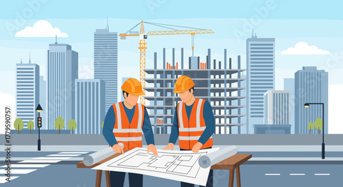 City construction workers reviewing plans on site against a skyline backdrop. City construction includes two figures in hard hats examining blueprints on street.