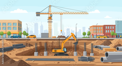 City maintenance features excavator digging pit in the ground at construction site. City maintenance includes construction equipment, drainage pipes, and skyline backdrop. Conceptual city maintenance,