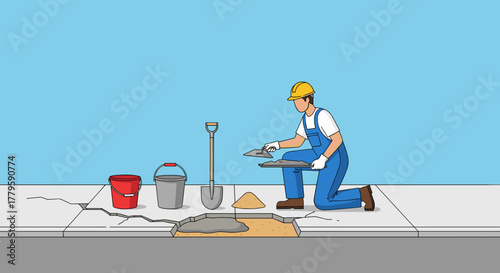 City maintenance shows worker repairing cracked sidewalk with trowel, bucket, and sand. City maintenance requires skilled labor to patch damaged concrete surfaces with cement.