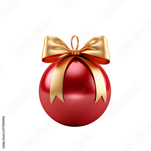 Red christmas ornament with a golden ribbon on black background