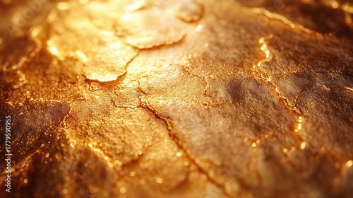 Close-up of a shimmering golden surface with intricate textures and warm tones.