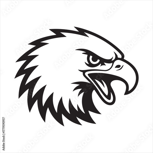 Fierce eagle head mascot symbol illustration with open beak and sharp feathers