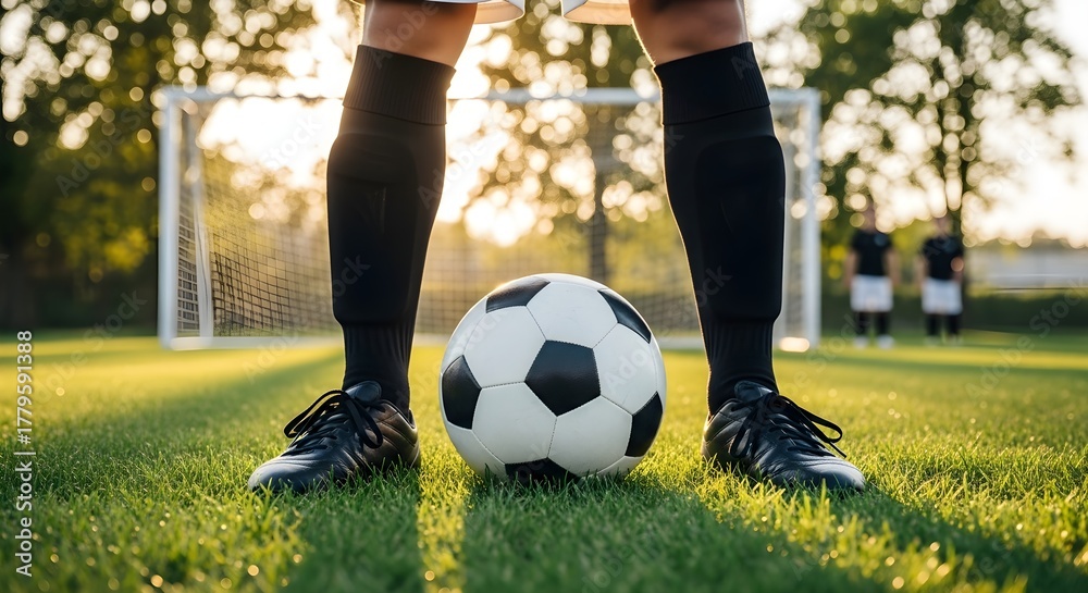 Obraz premium Soccer Ball Focus Legs of Player Ready on Field with Goal in Background at Sunset