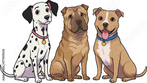 Cartoon dogs illustration, Dalmatian Bulldog Terrier, cute pet characters, friendly animals, dog breeds artwork, playful design, happy pets, colorful drawing, vector