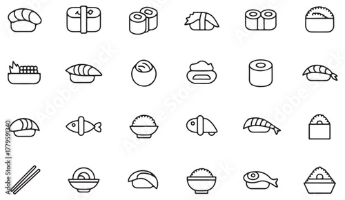 Modern sushi line art set — minimal black and white icons of Japanese rolls, rice bowls, and fish for menu and packaging design