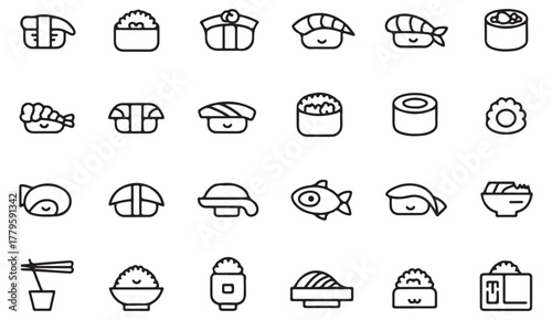 Sushi vector icons — elegant outline illustrations of Japanese seafood dishes for culinary, restaurant, and digital design use