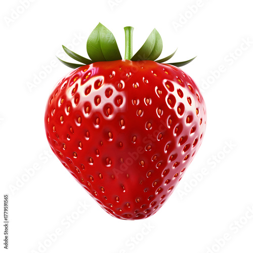 A single strawberry with green leaves on a black background