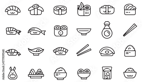 Japanese cuisine icon collection — sushi rolls, sashimi, chopsticks, and fish line art illustrations for restaurant and web menu projects