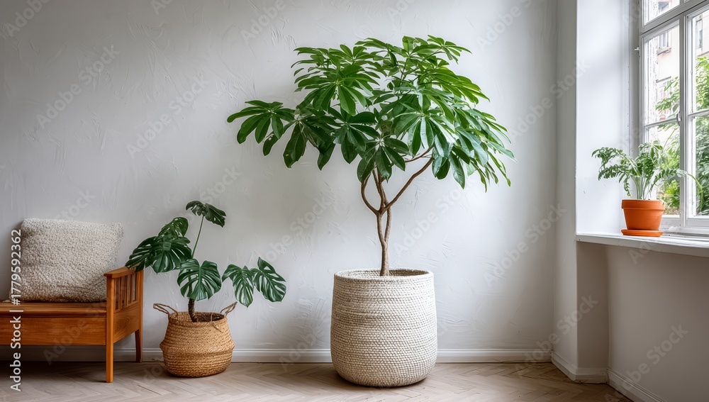 Fototapeta premium White plant in a white pot sits in front of a window. A brown chair is in the background