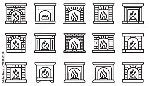 Indoor heating and fireplace icon set — stylish black and white line art of decorative home fireplaces and mantels