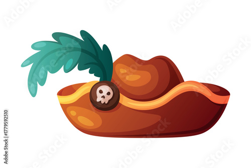 Pirate Hat and Headdress for Corsair with Feather and Skull Vector Illustration