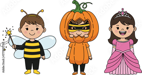 Happy children in Halloween costumes, dressed as bee, pumpkin, and princess, celebrating spooky holiday fun, festive outfits, joyful expressions, autumn party vibes