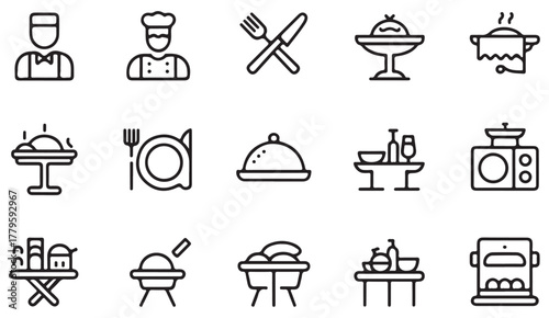 Professional culinary icon collection — chef hat, table setup, cutlery, and meal tray outline vector design for restaurant branding