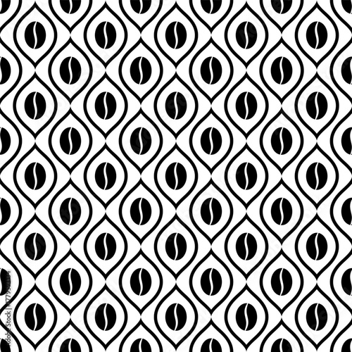 Coffee pattern. Seamless pattern coffee beans. Repeated black bean isolated on white background. Repeating seed for cafe. Abstract grain texture. Grains patern for design prints. Vector illustration
