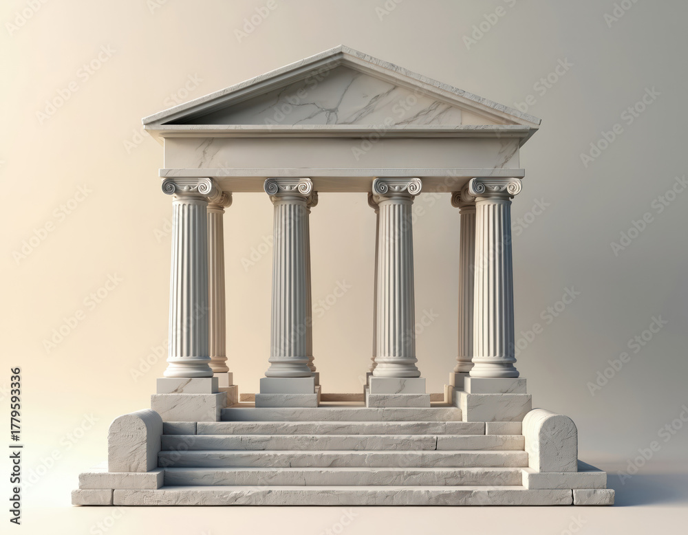 Obraz premium Classic marble temple structure with Ionic columns. Architectural element represents solid foundation, strength, support for success, achievement. Steps lead up to wisdom, goals. Abstract 3D render