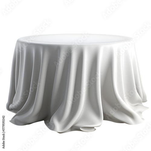 A round table draped with a long white tablecloth indoor