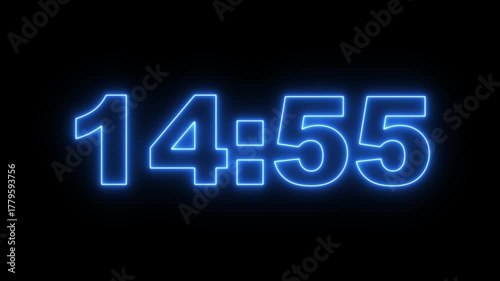 glowing neon 15 minute Countdown. neon 15 to 14 minute Countdown timer on black background. neon Countdown timer from 15 minute to 14 minute suitable for presentations, educational.