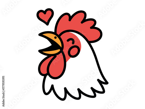A happy rooster crows with a heart above its head.