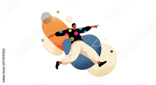 Illustrated person in a colorful polka dot sweater joyfully floating among abstract geometric shapes.