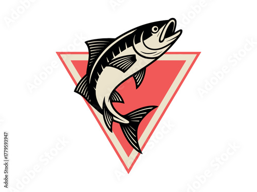 A stylized leaping fish is depicted over a geometric red and beige triangular background.
