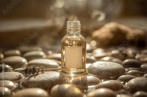 Elegant glass bottle of essential oil resting on smooth pebbles surrounded by soft, warm light in a serene setting