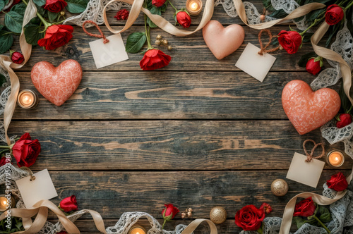 Decorative arrangement of hearts and roses for a romantic occasion on wooden background