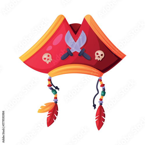 Pirate Hat and Headdress for Corsair with Skull and Feather Vector Illustration