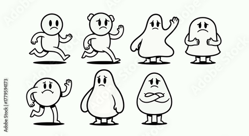 A collection of seven cartoon characters with sad expressions, depicted in a simple black and white line art style.