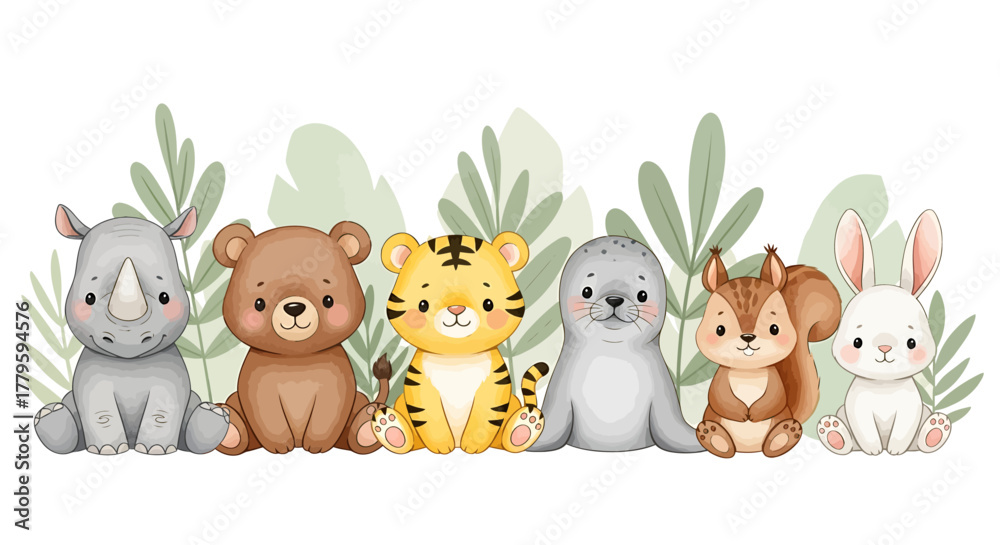 Naklejka premium Cute cartoon animals sitting together in front of green foliage.