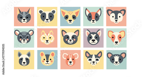 A collection of cute, stylized animal face icons on colorful square backgrounds.