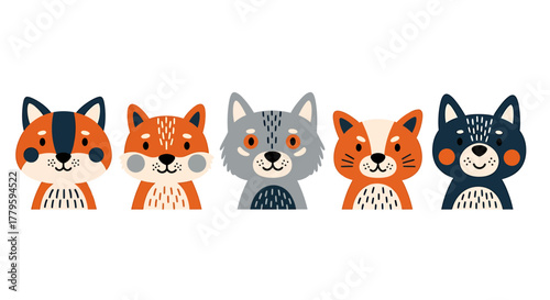 Cute cartoon animal faces illustration featuring foxes, a wolf, and a dog in a row with a flat design style.
