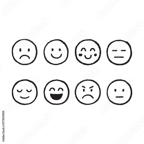 Funny cartoon yellow smiley face icons and symbols set showing various facial expressions