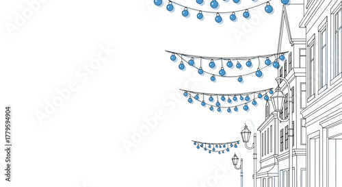 Christmas line art street  of buildings with festive blue string lights  