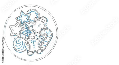 Gingerbread cookies and festive shapes on a plate for Christmas line art  