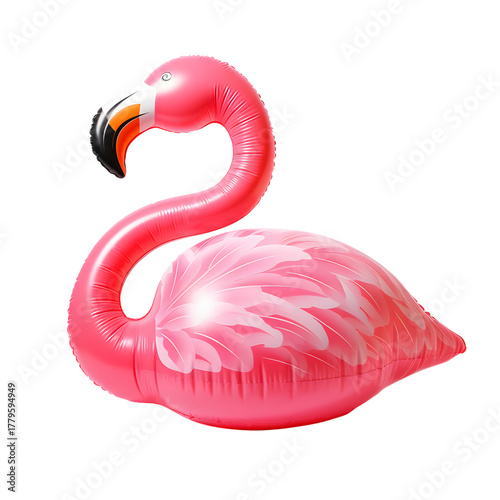 A pink flamingo inflatable pool float on a black background