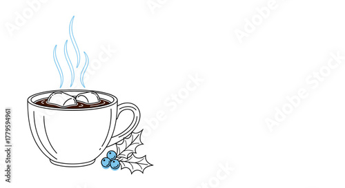 Hot chocolate with marshmallows and holly leaves for winter holiday  line art