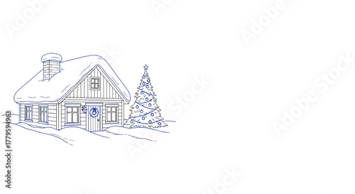 Winter house with Christmas tree in line art style for holiday theme  