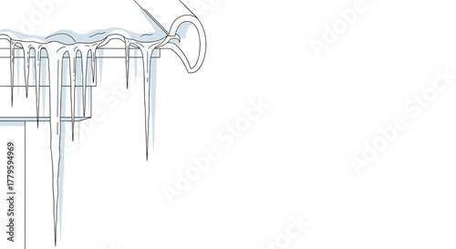 Icicles hanging from roof edge in winter landscape line art  
