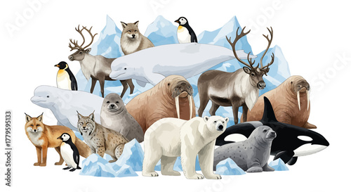 Arctic wildlife animals in icy landscape illustration.
