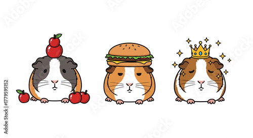 Three cartoon guinea pigs with different accessories on their heads.