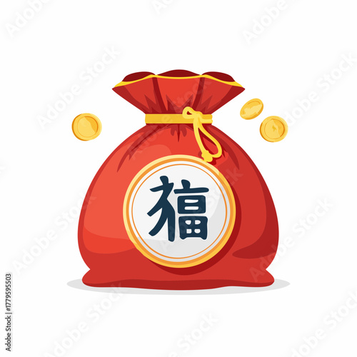 A red money bag with Chinese characters and gold coins floating around.