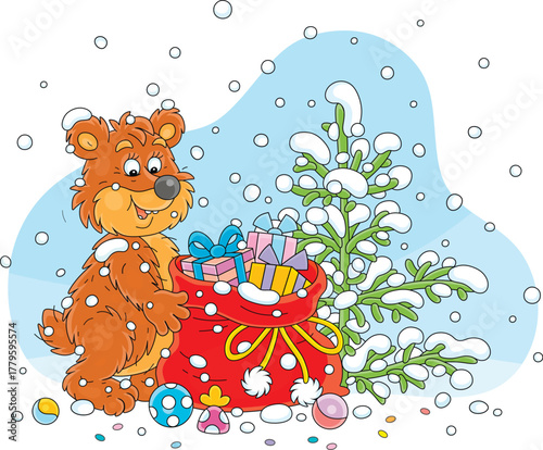 Funny brown bear with a beautiful red sack full of holiday gifts near a small snow-covered fir on a snowy winter day, vector cartoon illustration on a white background