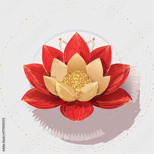 A stylized red and gold lotus flower illustration with a layered, 3D papercraft effect on a light circular background.