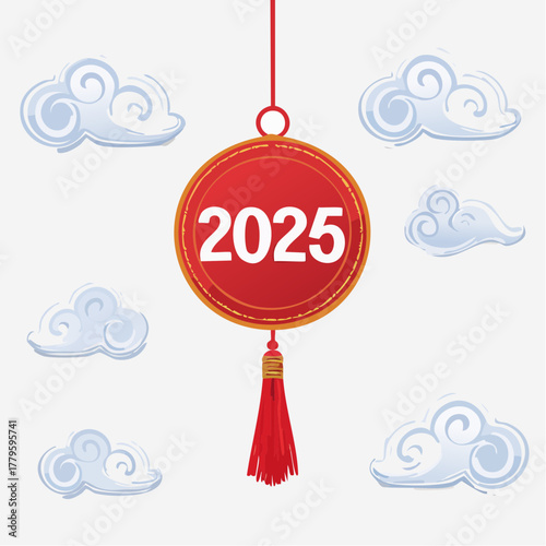 A festive red and gold circular ornament with the year 2025, surrounded by stylized clouds.