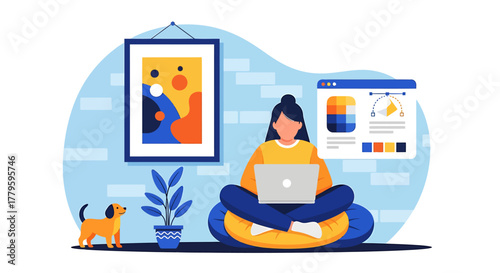 A female graphic designer works from home on her laptop with her dog nearby.