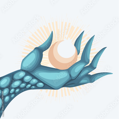 A stylized, blue, reptilian hand with sharp claws gently holds a glowing, iridescent pearl, bathed in a radiant sunburst of light against a pale background.