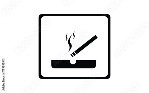 Smoking Area Sign in Black and White Square Depicting Cigarette in Ashtray Isolated on Plain White Background