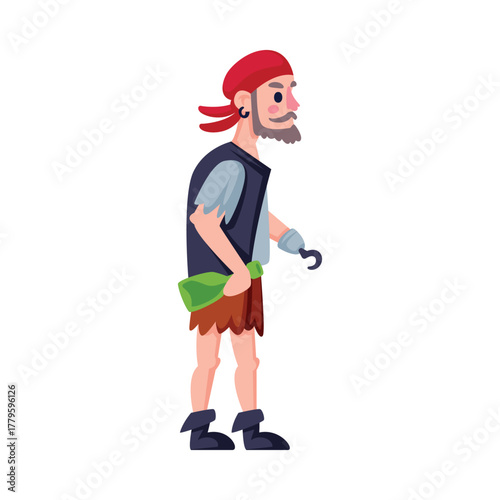 Man Pirate Character in Bandana with Hook Vector Illustration