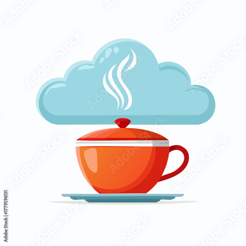 A cartoon illustration of an orange teacup with a lid, steam, and a cloud above.