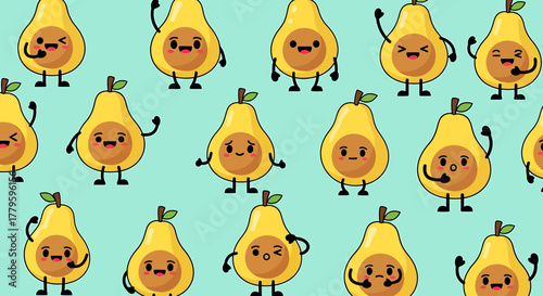 Cute cartoon pears with smiling faces on a pastel background.